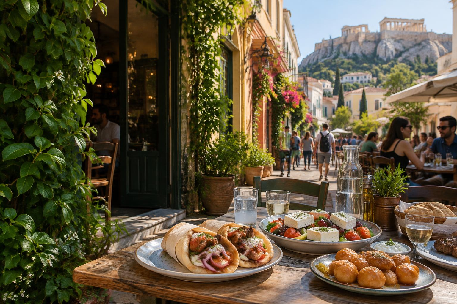 Greek food on a sunlit Athens taverna table with the Acropolis behind